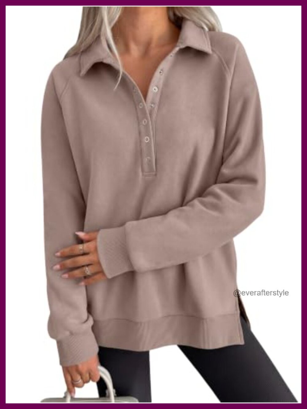 Oversized Button Up Henley Sweatshirt with Fleece Lining, Long Sleeve Casual